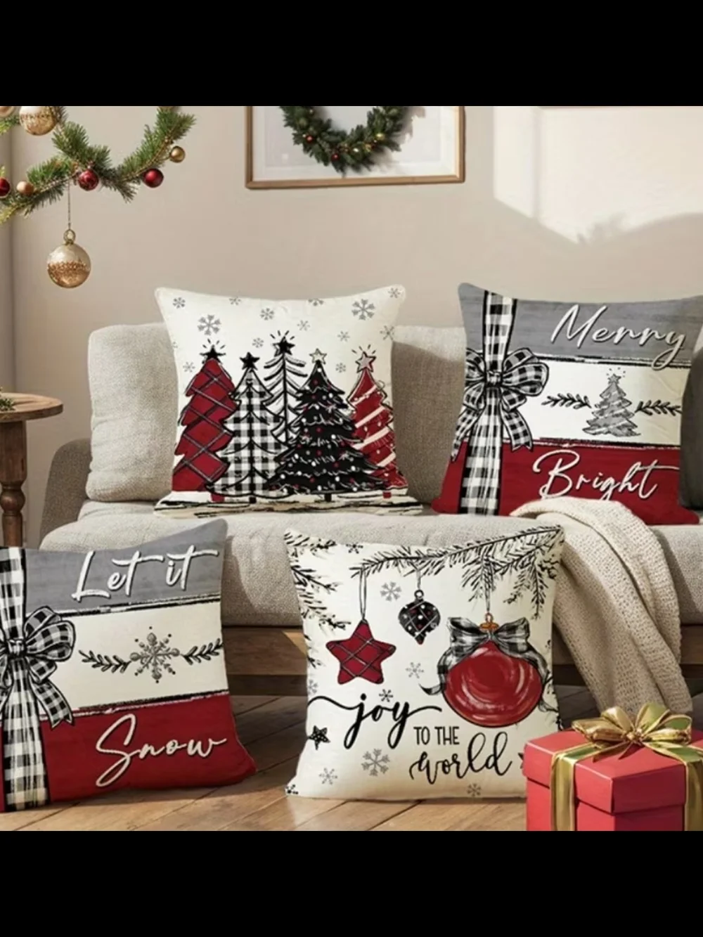 Holiday Decorative Throw Pillow Set - Red, White, Gray [ Pillow Covers]